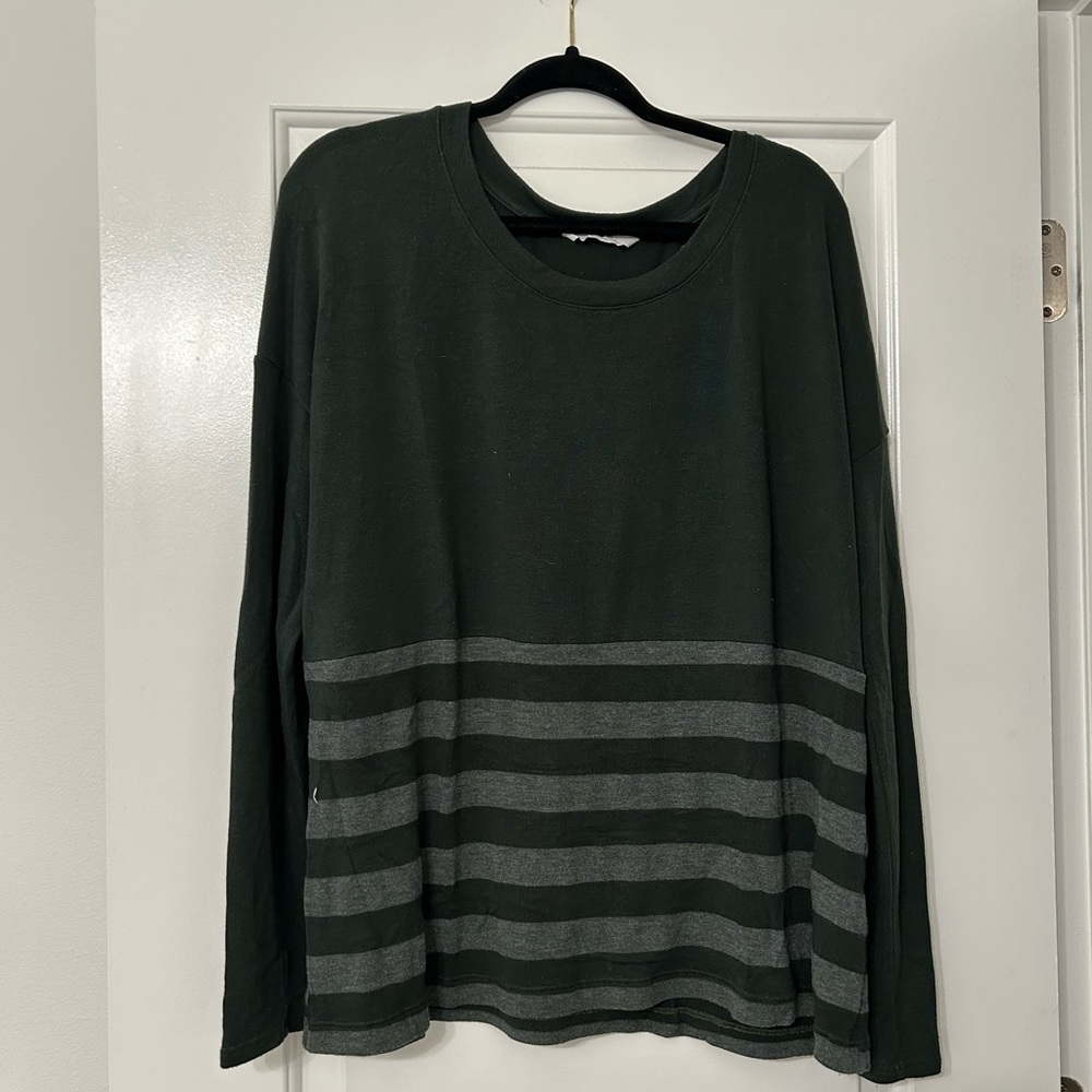 Three Dots Dark Green and Gray Striped Long Sleeve Tee